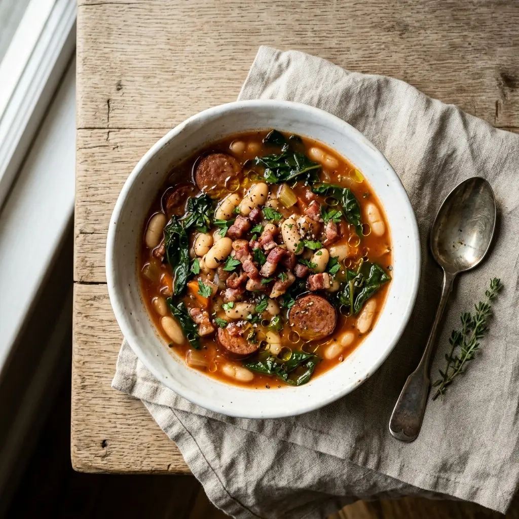 Chef tested Tuscan White Bean Stew with Smoked Sausage and Swiss Chard recipe by Chef Jorj Morgan
