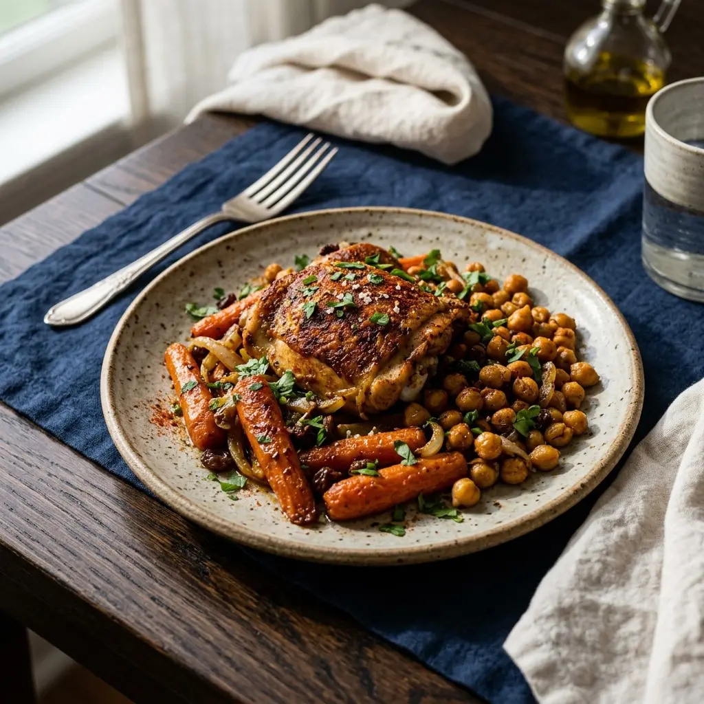 Chef tested Moroccan Sheet Pan Chicken with Sweet ‘n Salty Carrots and Chickpeas recipe by Chef Jorj Morgan