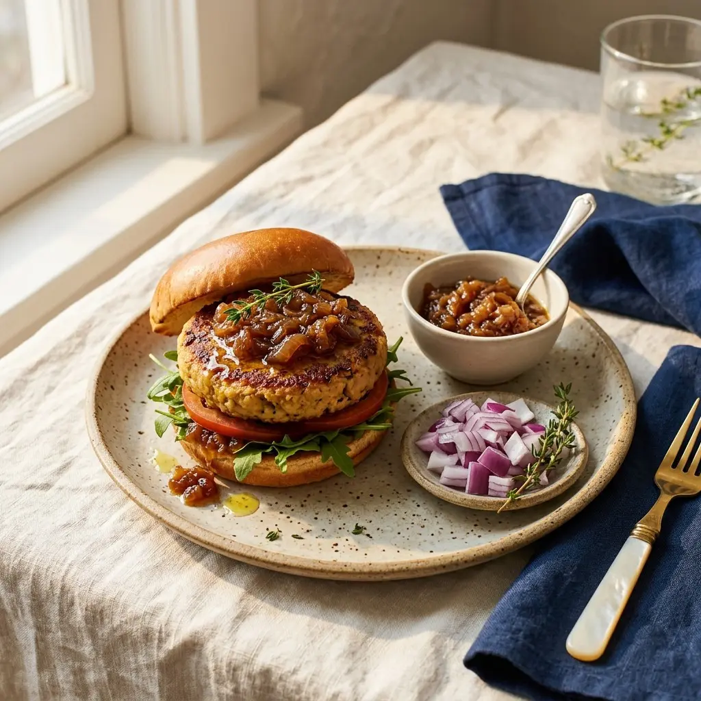 Chef tested Navy Bean Veggie Burgers with Maple Onion Jam recipe by Chef Jorj Morgan