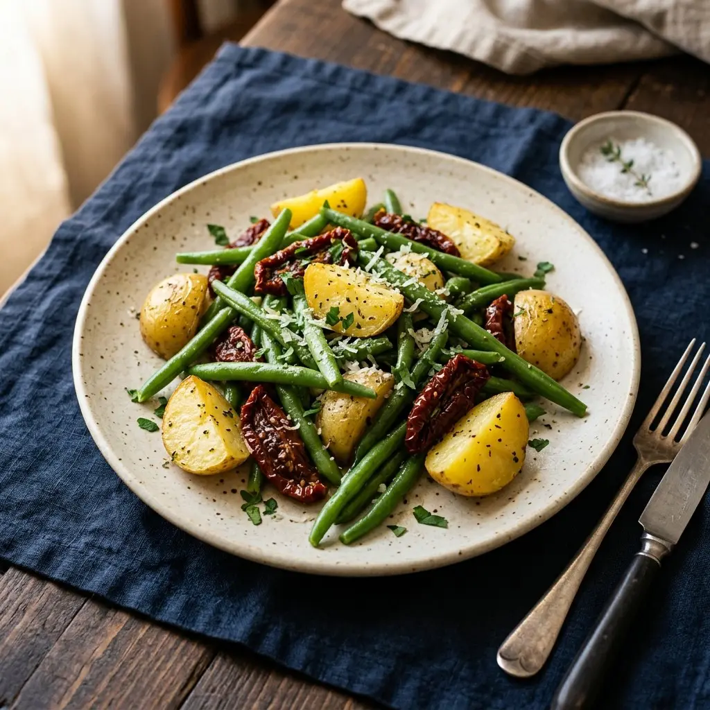 Chef tested Italian-Style Green Beans with Potatoes and Sun-Dried Tomatoes recipe by Chef Jorj Morgan