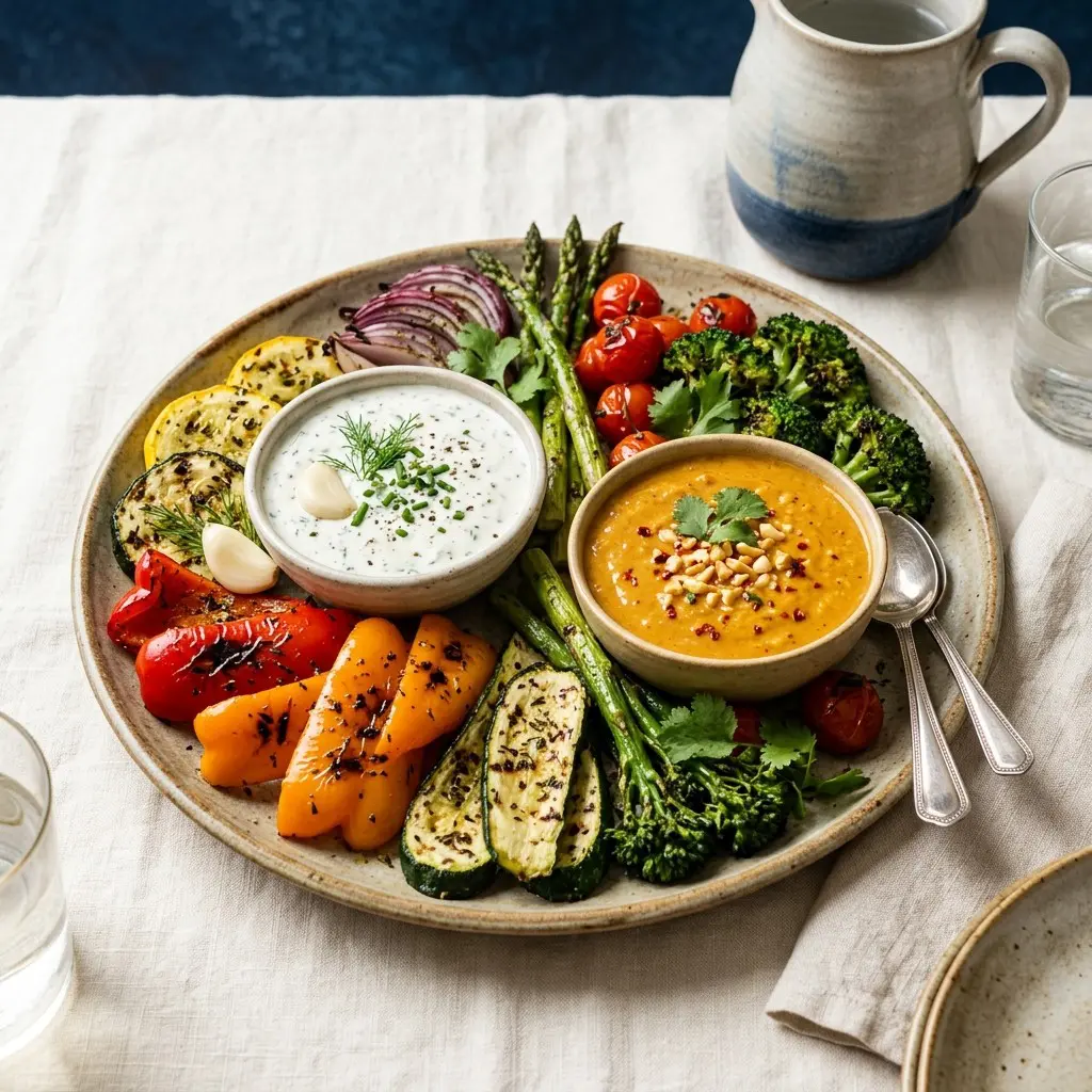Chef tested A Rainbow of Grilled Veggies with Herbed Ranch Dressing and Spicy Peanut Sauce recipe by Chef Jorj Morgan