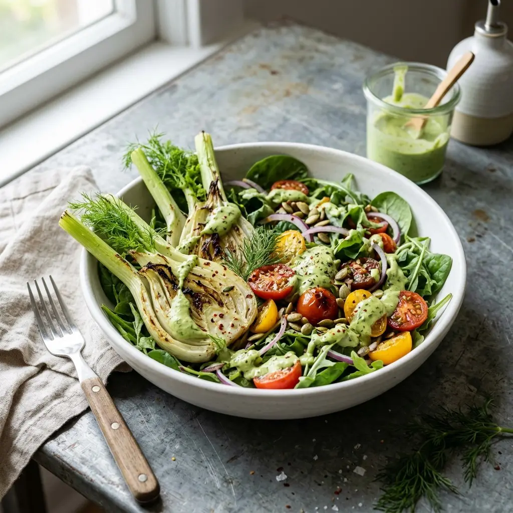 Chef tested Roasted Fennel, Lemon and Veggie Salad with Avocado Dressing recipe by Chef Jorj Morgan