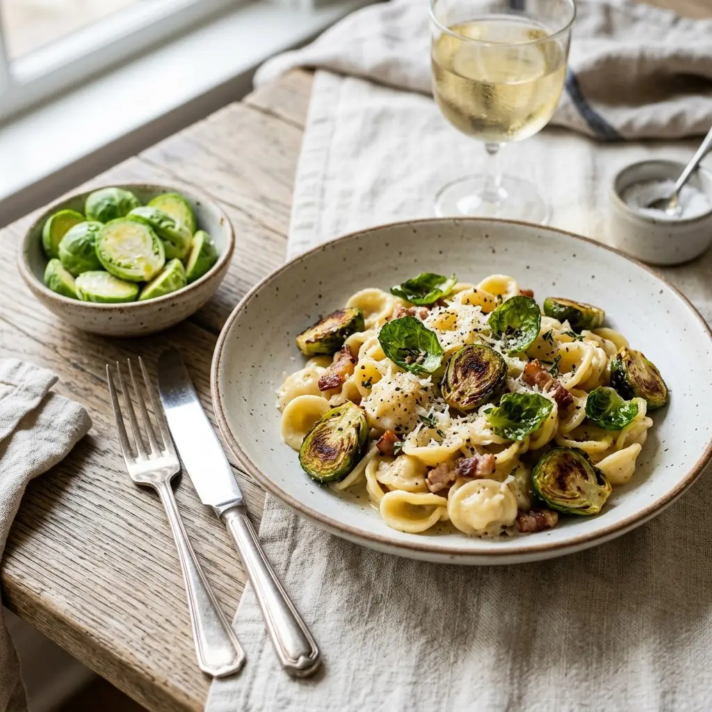 Chef tested Orecchiette Carbonara with Charred Brussels Sprouts recipe by Chef Jorj Morgan