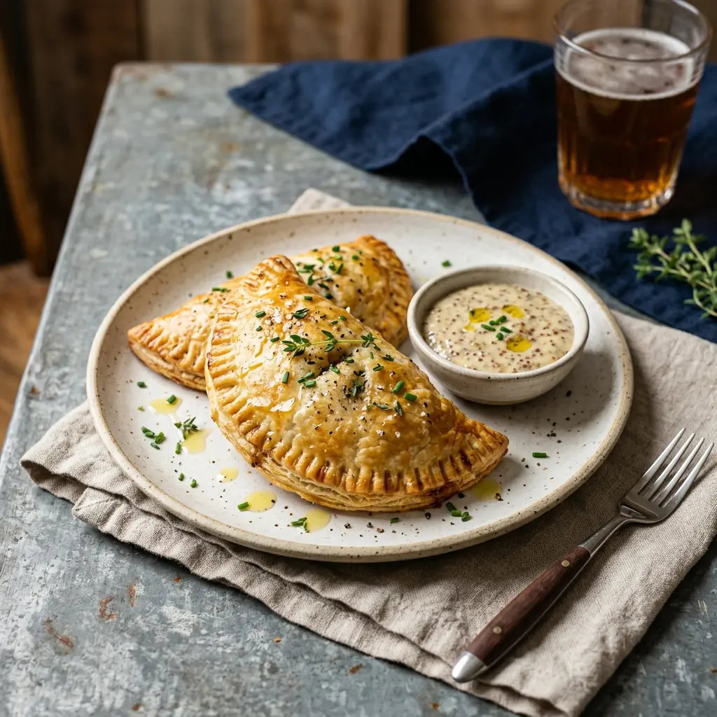 Chef tested Bangers and Mash Hand Pies with Mustard Dipping Sauce recipe by Chef Jorj Morgan