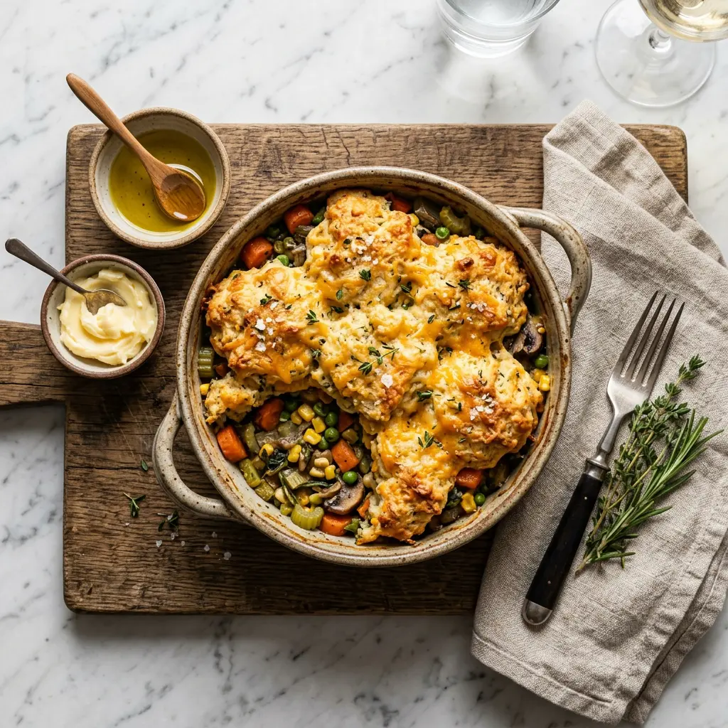 Chef tested Very Veggie Pot Pie with Cheesy Drop Biscuit Crust recipe by Chef Jorj Morgan