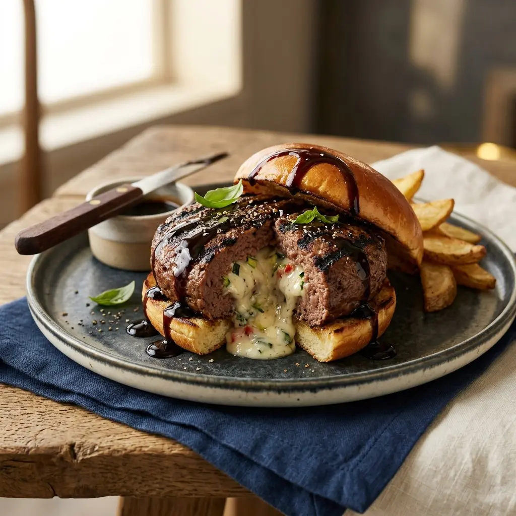 Chef tested Veggie Stuffed Beef Burgers with Gorgonzola and Balsamic Glaze recipe by Chef Jorj Morgan