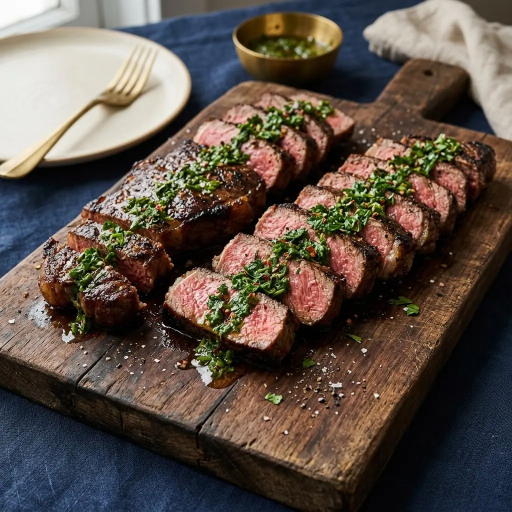 Chef tested Grilled Strip Steaks with Herbaceous Chimichurri Board Sauce recipe by Chef Jorj Morgan
