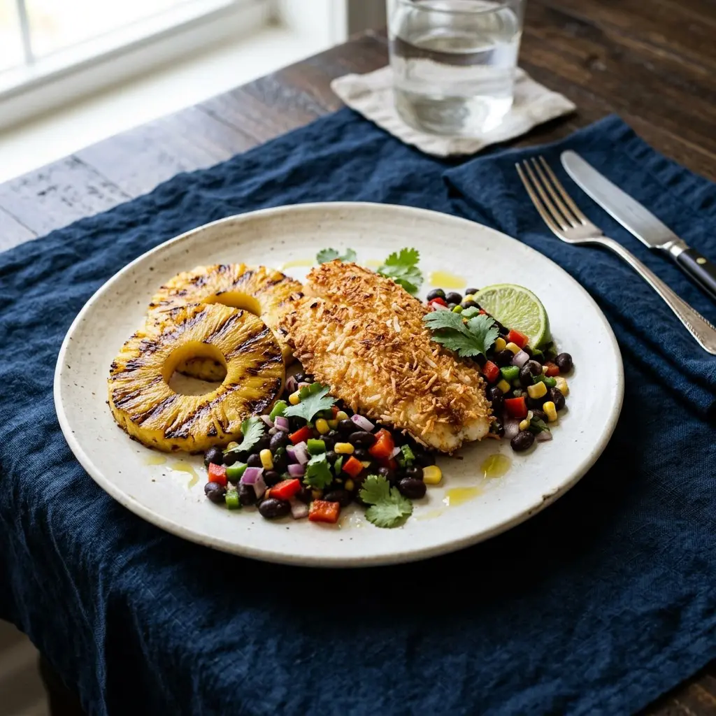 Chef tested Coconut Crusted Tilapia with Grilled Pineapple and Black Bean Salsa recipe by Chef Jorj Morgan