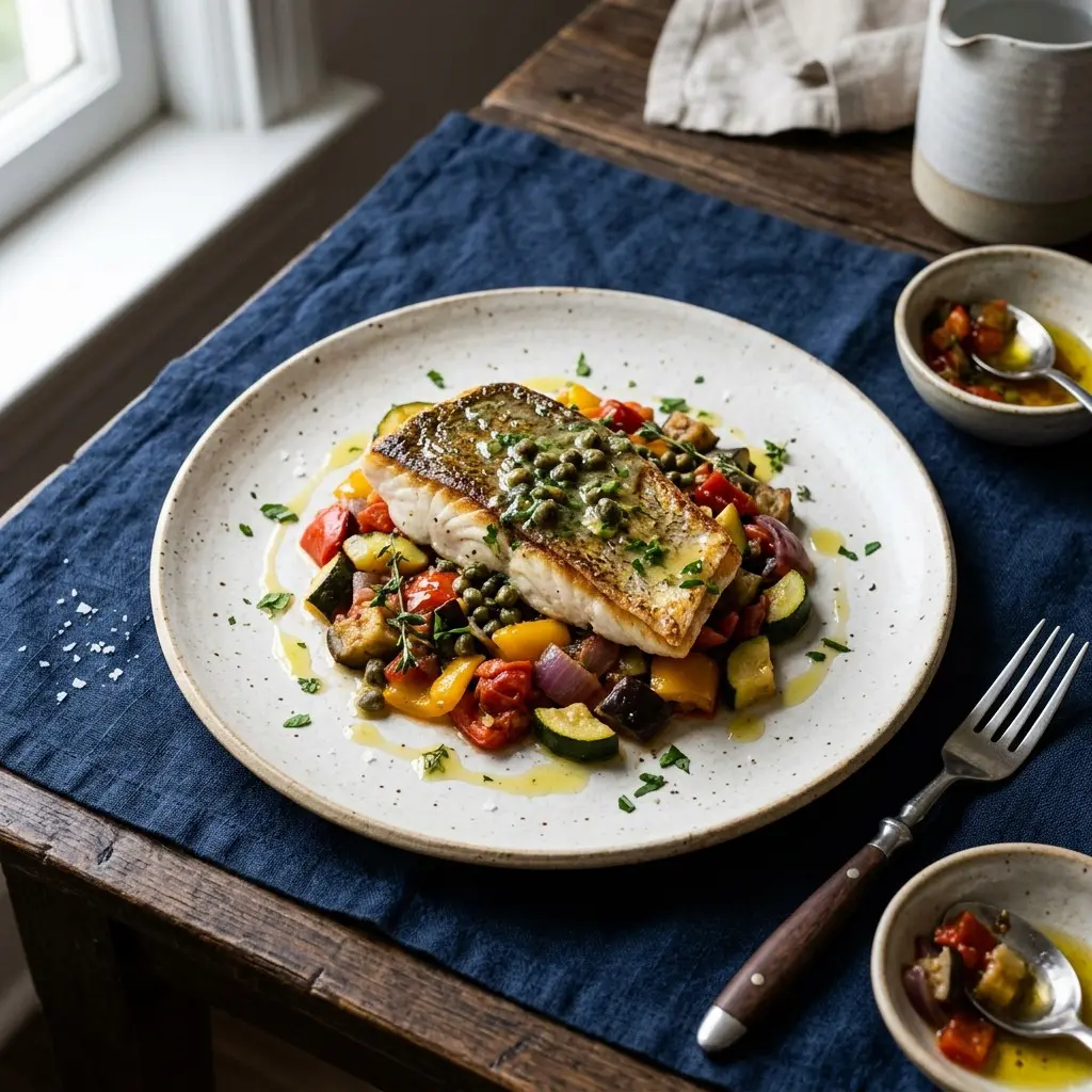 Chef tested Pan Seared Snapper over Ratatouille with Lemon Caper Sauce recipe by Chef Jorj Morgan