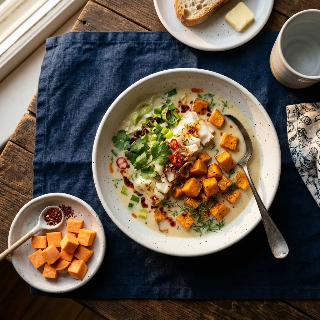 Chef tested Cod and Chili-Infused Sweet Potato in a Coconut-Leek Milk Broth recipe by Chef Jorj Morgan