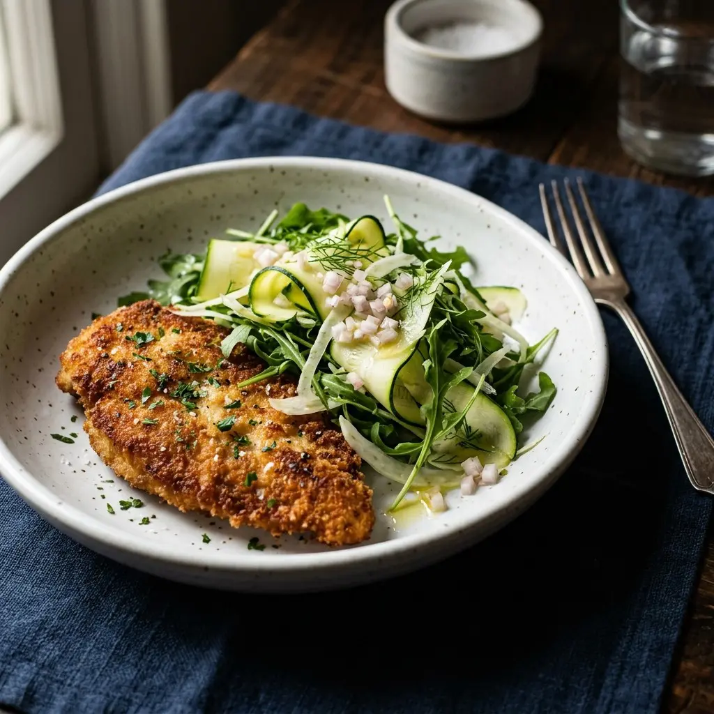 Chef tested Chicken Milanese with Zucchini, Arugula and Fennel Salad recipe by Chef Jorj Morgan