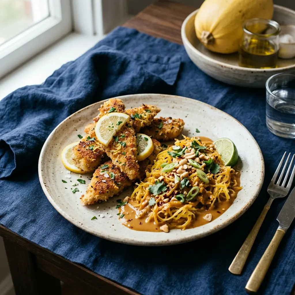Chef tested Lemony Chicken Fingers with a Side of Spaghetti Squash in Peanut Sauce recipe by Chef Jorj Morgan