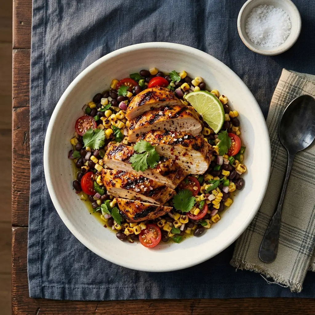 Chef tested Grilled Lime-Chili Chicken over Black Bean and Toasted Corn Salsa recipe by Chef Jorj Morgan