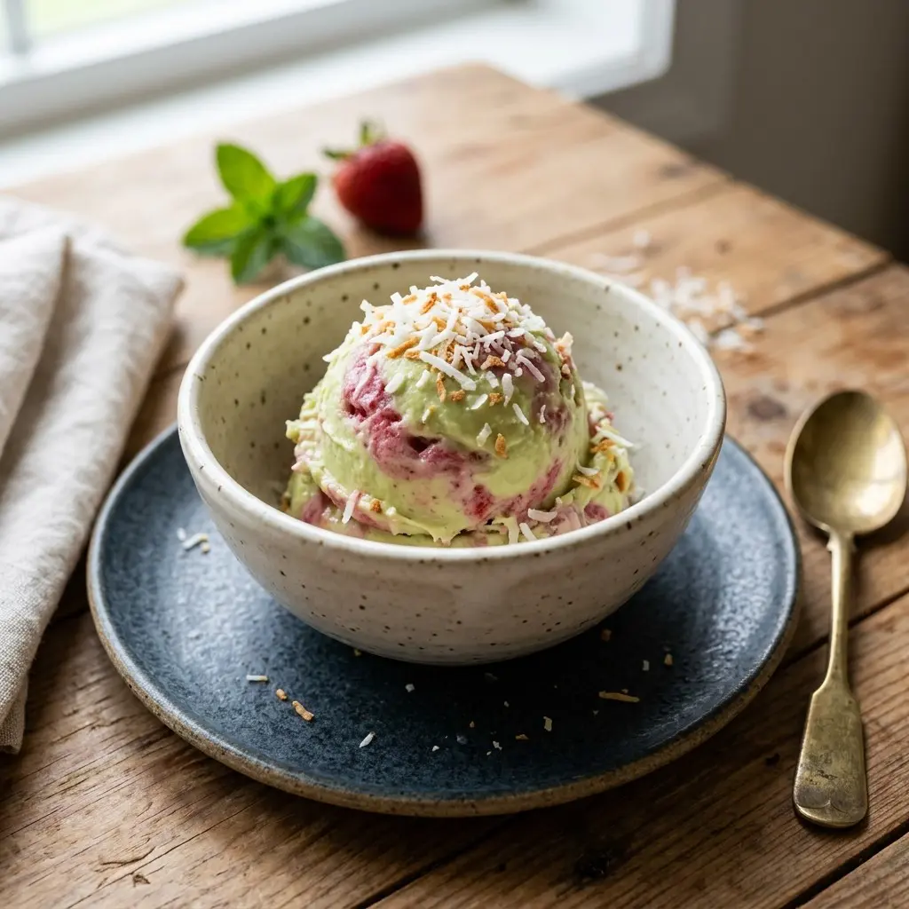 Chef tested Frozen Strawberry and Avocado Cream with Coconut recipe by Chef Jorj Morgan