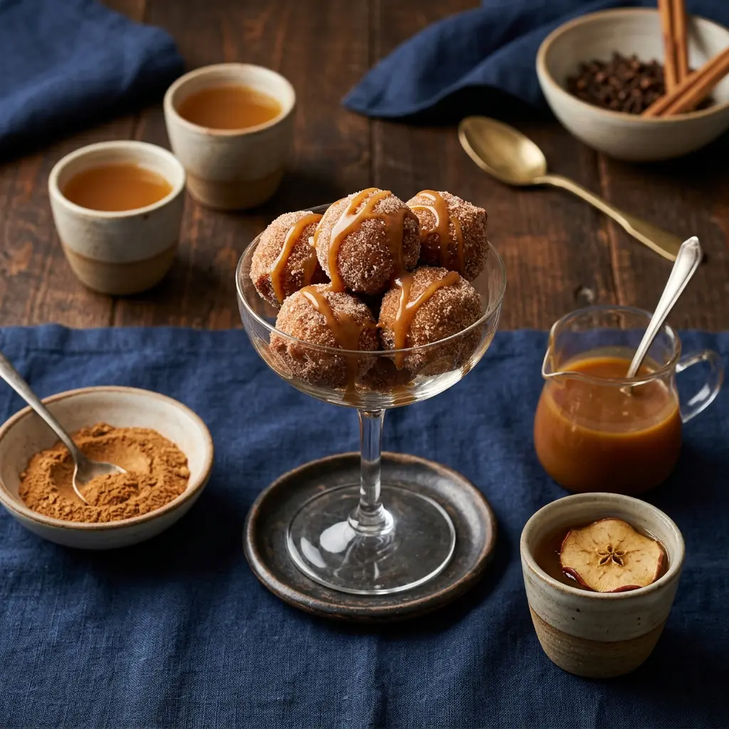 Chef tested Apple Cider Donut Holes with Cinnamon Sugar and Caramel Sauce recipe by Chef Jorj Morgan