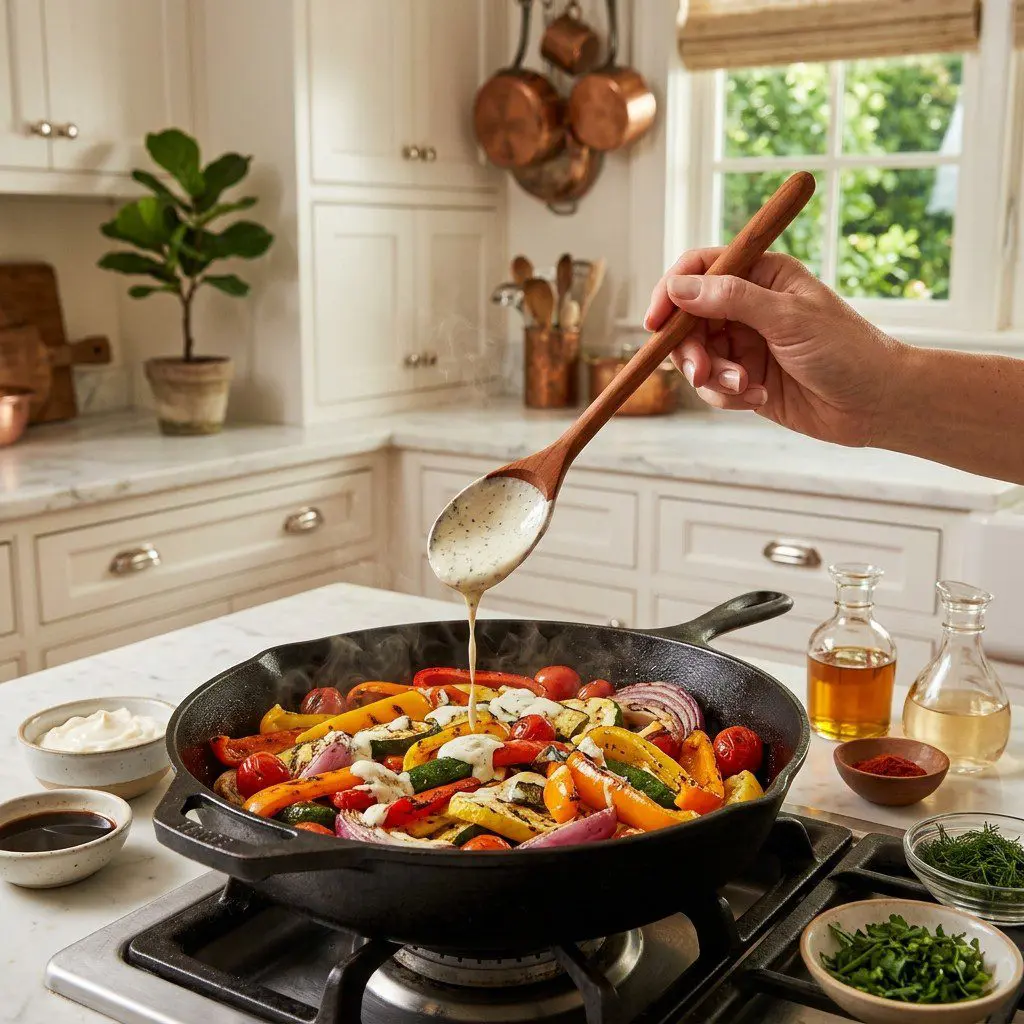Home cook prepared steps for assembling and cooking A Rainbow of Grilled Veggies with Herbed Ranch Dressing and Spicy Peanut Sauce.