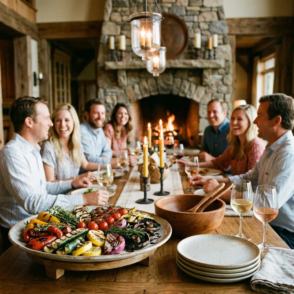 An appetizing, fresh serving of cooked A Rainbow of Grilled Veggies with Herbed Ranch Dressing and Spicy Peanut Sauce displayed beautifully on a styled dining table.