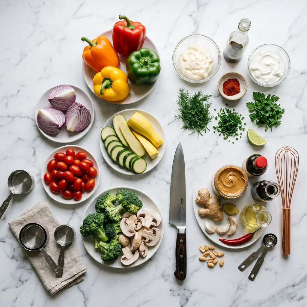 Raw cooking ingredients for A Rainbow of Grilled Veggies with Herbed Ranch Dressing and Spicy Peanut Sauce arranged beautifully on a clean kitchen counter.