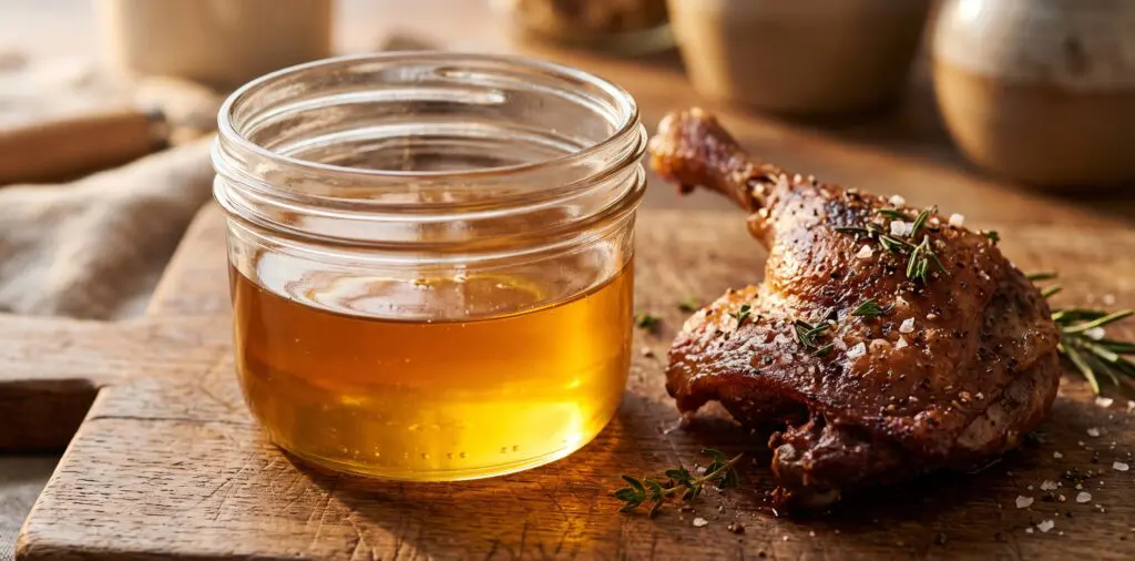 A glass jar of clarified golden duck fat, a richly browned duck confit leg resting beside it on the board.