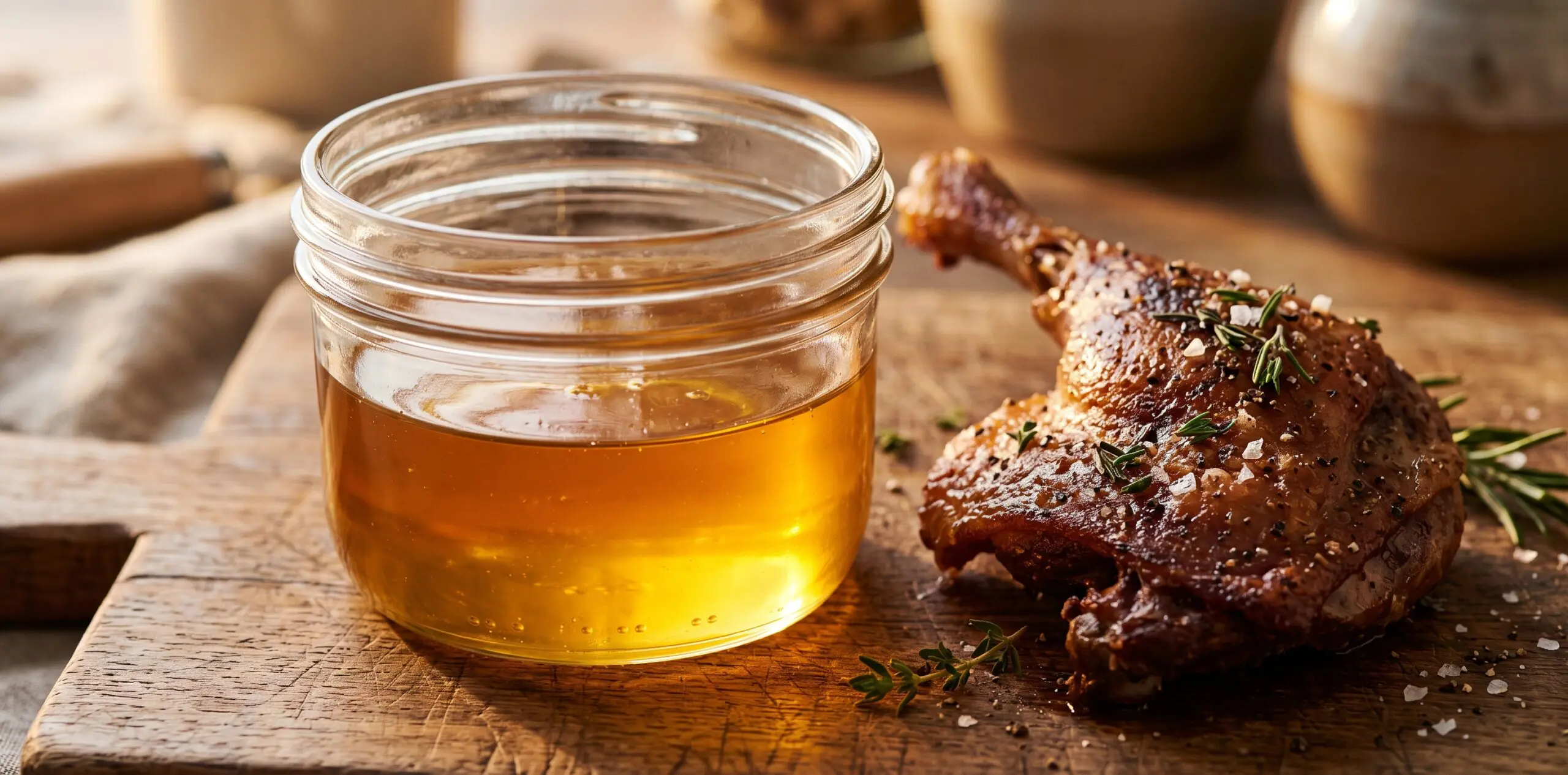A glass jar of clarified golden duck fat, a richly browned duck confit leg resting beside it on the board.