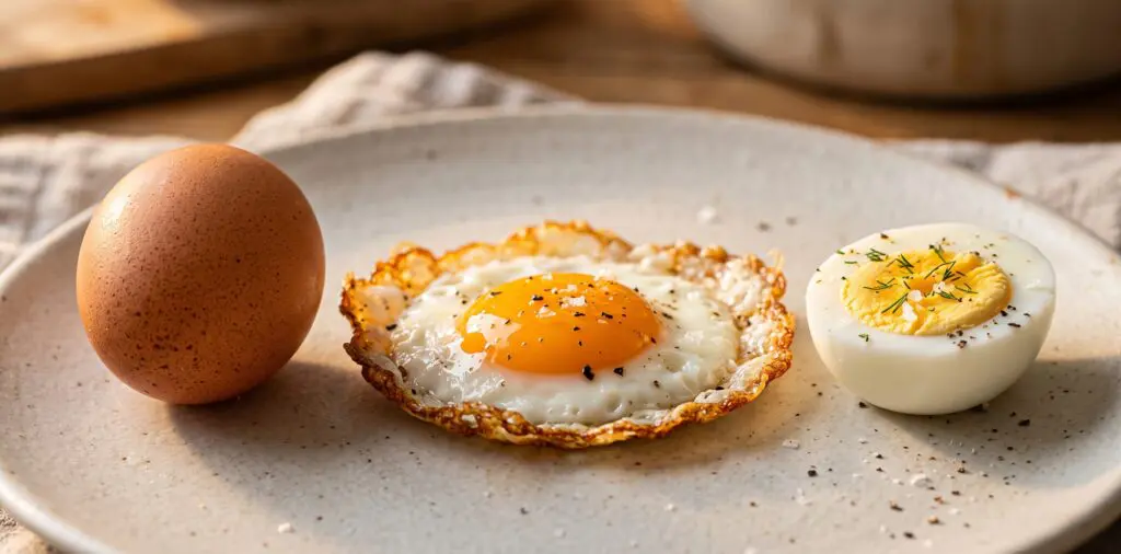 Three eggs in a row: a whole raw brown egg, a fried egg with crispy lace edges, a halved hard-boiled egg.