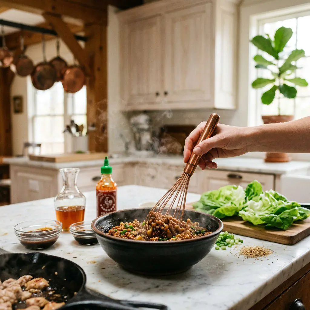 Home cook prepared steps for assembling and cooking Asian Chicken Bibb Lettuce Wraps.
