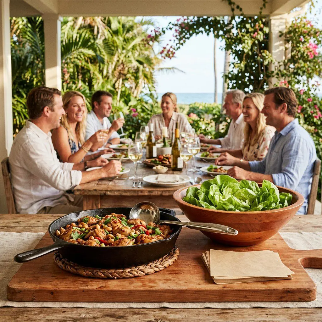 An appetizing, fresh serving of cooked Asian Chicken Bibb Lettuce Wraps displayed beautifully on a styled dining table.