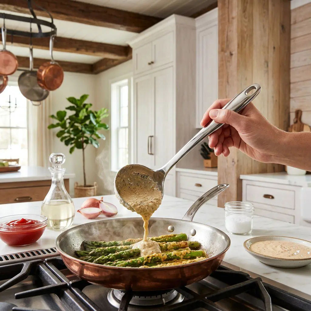 Home cook prepared steps for assembling and cooking Asparagus Fries with Thousand Island Dipping Sauce.