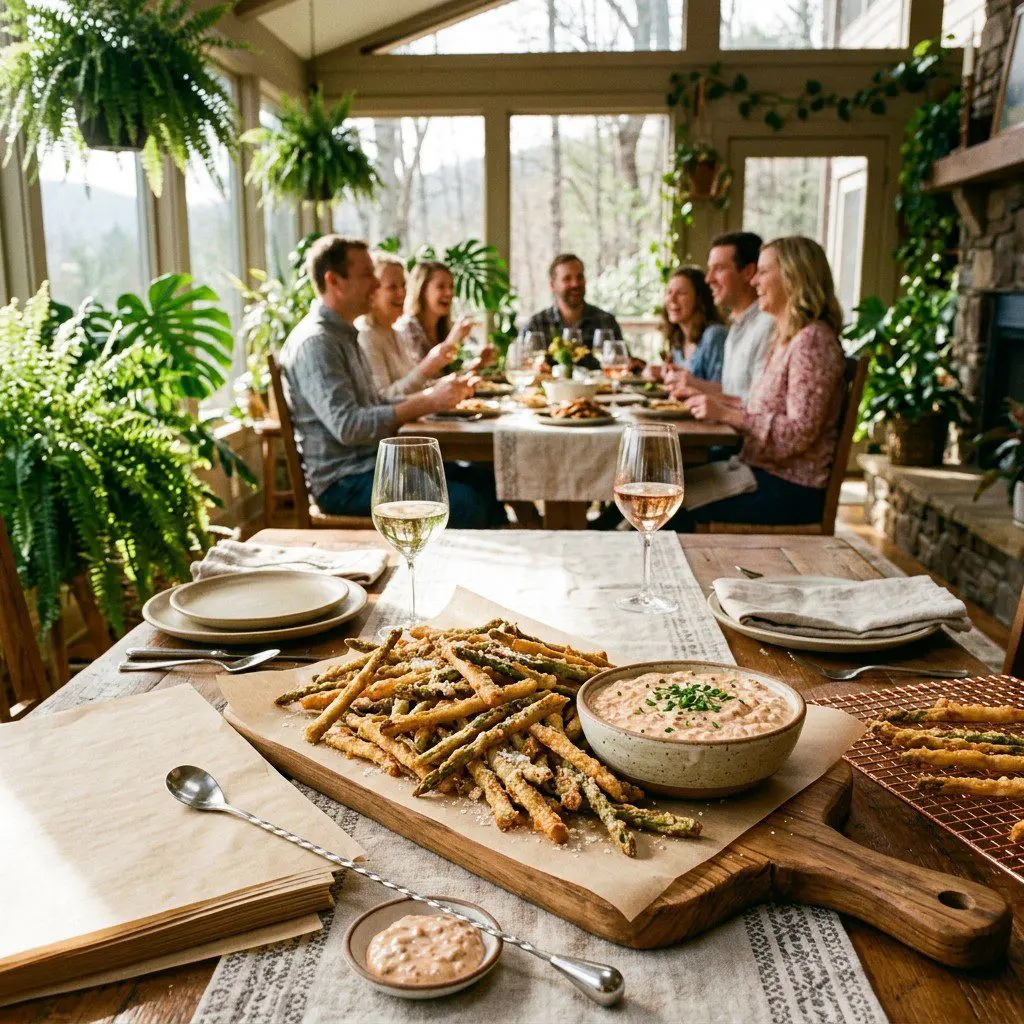 An appetizing, fresh serving of cooked Asparagus Fries with Thousand Island Dipping Sauce displayed beautifully on a styled dining table.