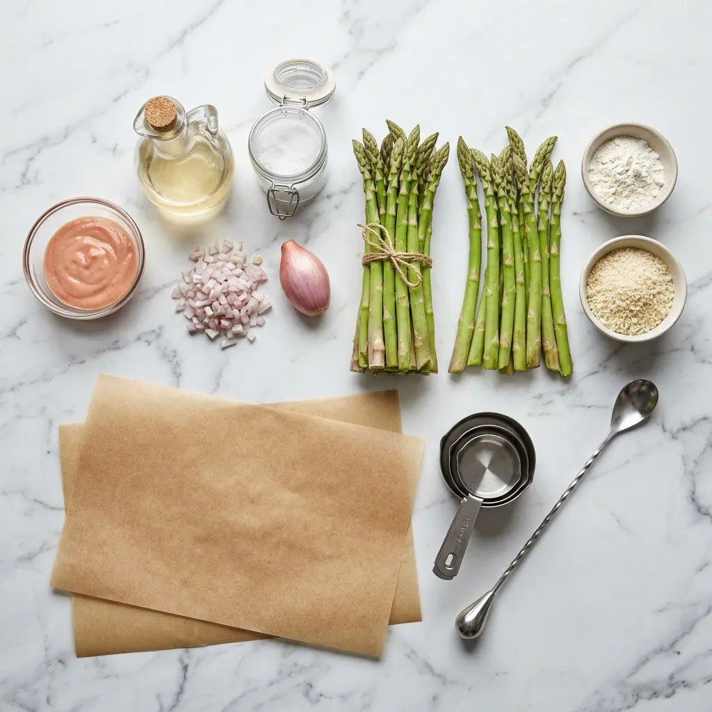 Raw cooking ingredients for Asparagus Fries with Thousand Island Dipping Sauce arranged beautifully on a clean kitchen counter.