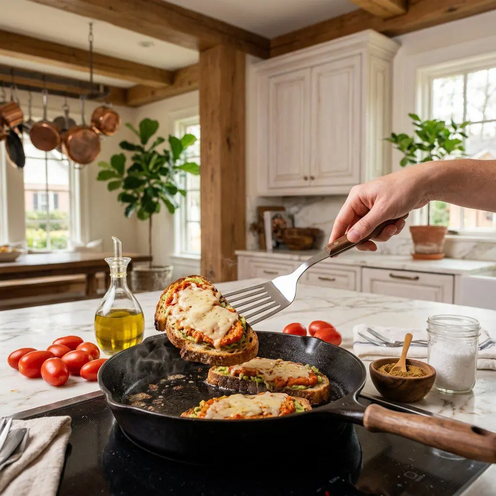 Home cook prepared steps for assembling and cooking Avocado Toasts with Roasted Tomato Mayonnaise and Manchego Cheese.