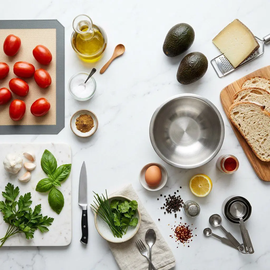 Raw cooking ingredients for Avocado Toasts with Roasted Tomato Mayonnaise and Manchego Cheese arranged beautifully on a clean kitchen counter.