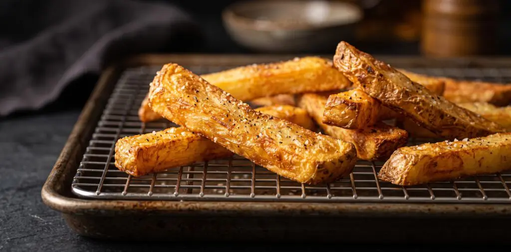 Thick-cut steak fries on a wire rack over a baking sheet, edges deeply golden and crackling.