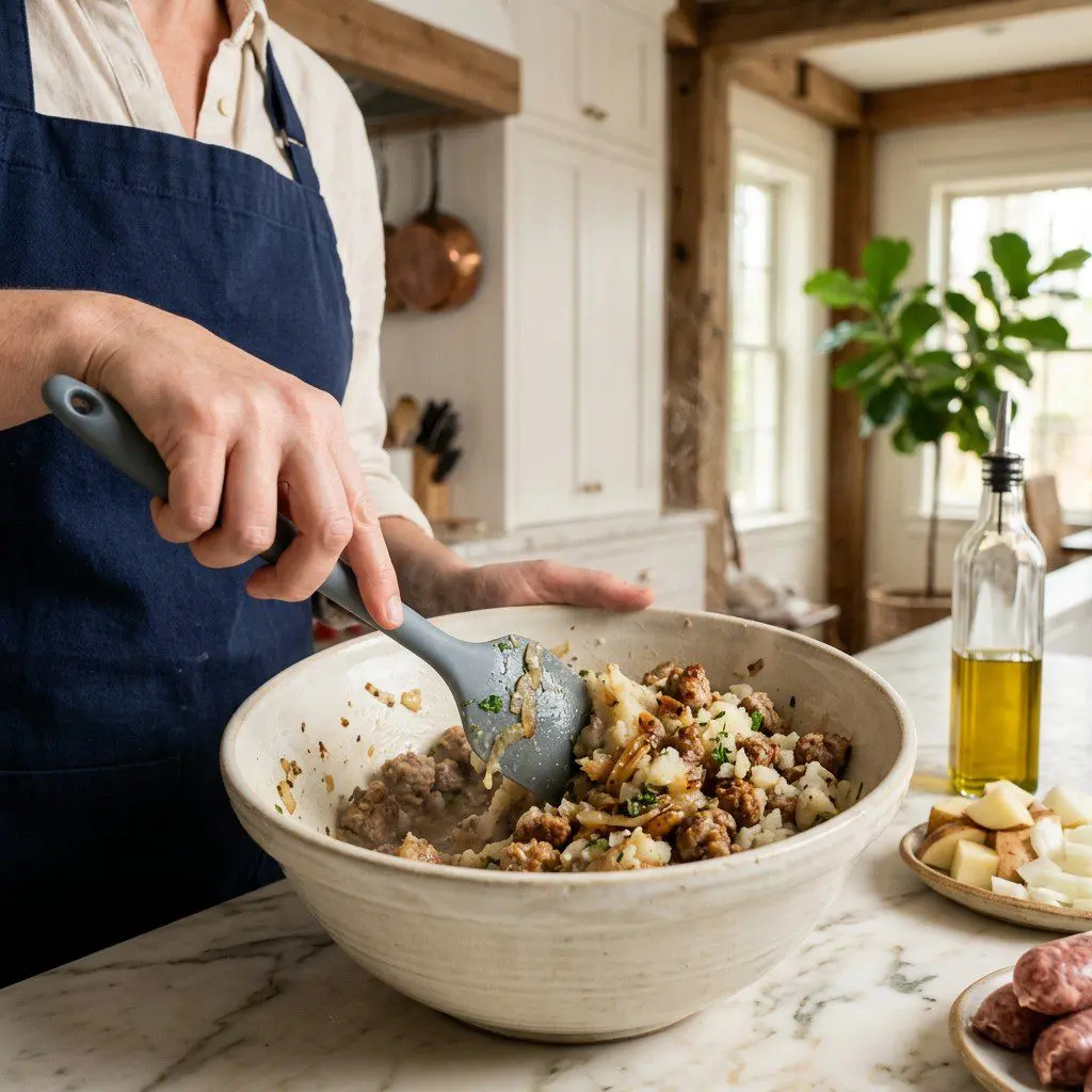 Home cook prepared steps for assembling and cooking Bangers and Mash Hand Pies with Mustard Dipping Sauce.