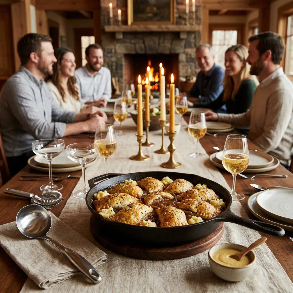 An appetizing, fresh serving of cooked Bangers and Mash Hand Pies with Mustard Dipping Sauce displayed beautifully on a styled dining table.