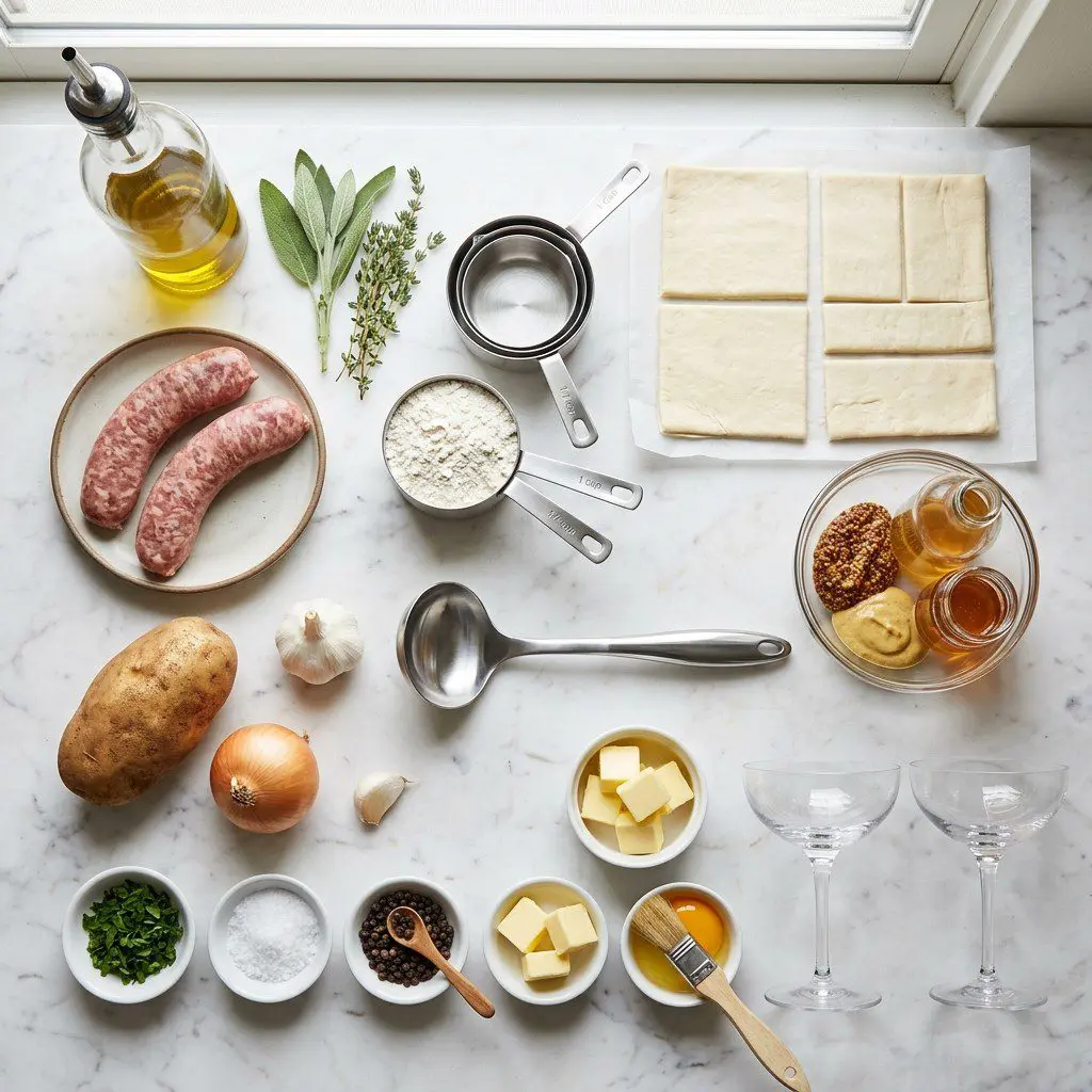 Raw cooking ingredients for Bangers and Mash Hand Pies with Mustard Dipping Sauce arranged beautifully on a clean kitchen counter.