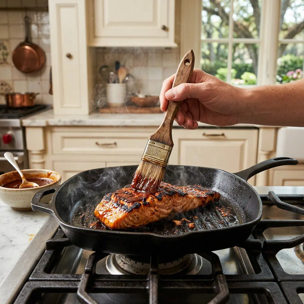 Home cook prepared steps for assembling and cooking Barbecued Salmon Hoagie with Apple Cider Slaw.
