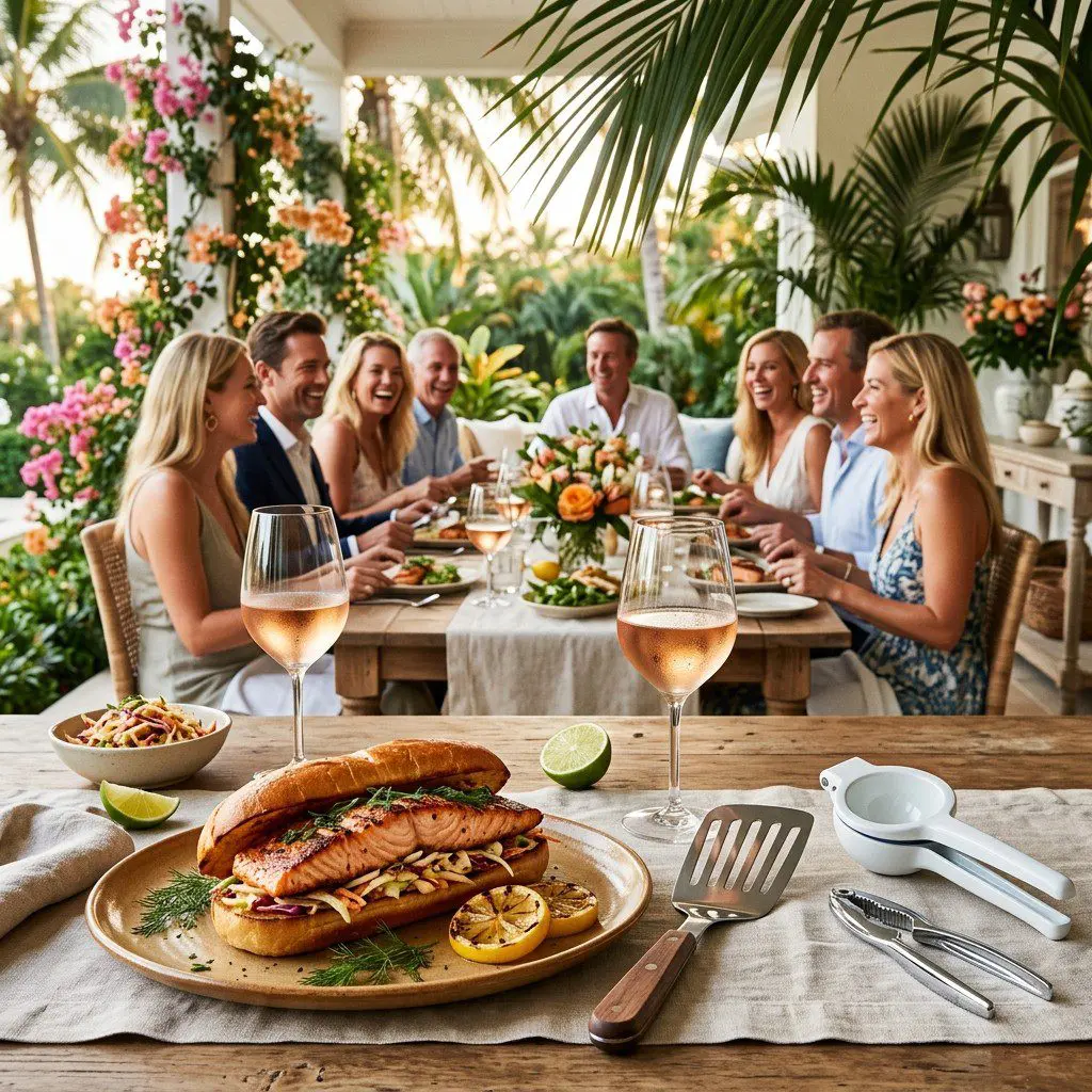 An appetizing, fresh serving of cooked Barbecued Salmon Hoagie with Apple Cider Slaw displayed beautifully on a styled dining table.