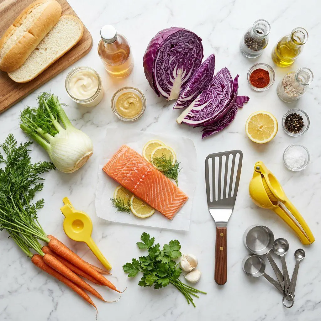 Raw cooking ingredients for Barbecued Salmon Hoagie with Apple Cider Slaw arranged beautifully on a clean kitchen counter.