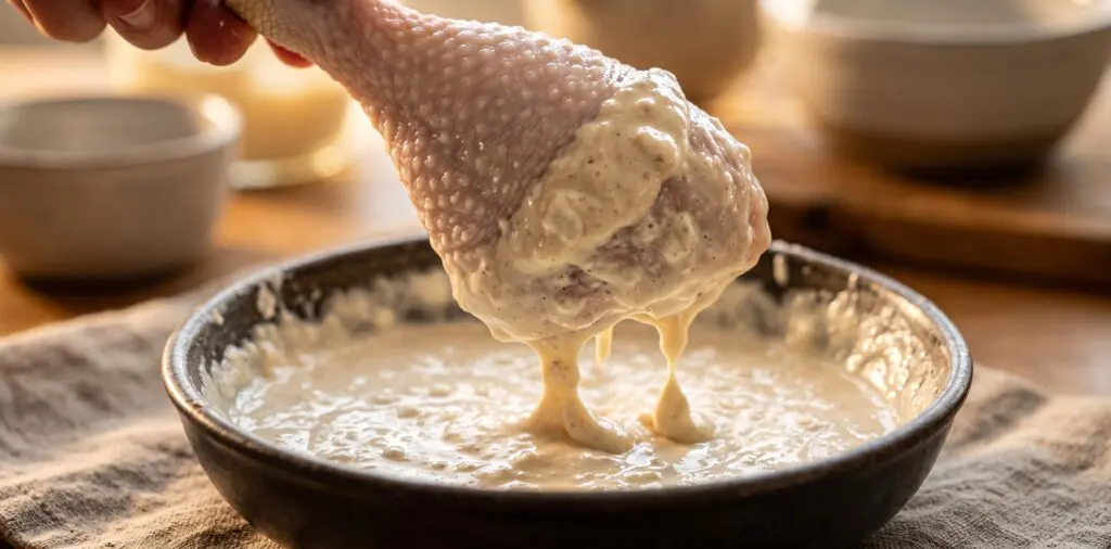 A raw chicken drumstick being submerged into thick buttermilk batter, the coating climbing the leg.