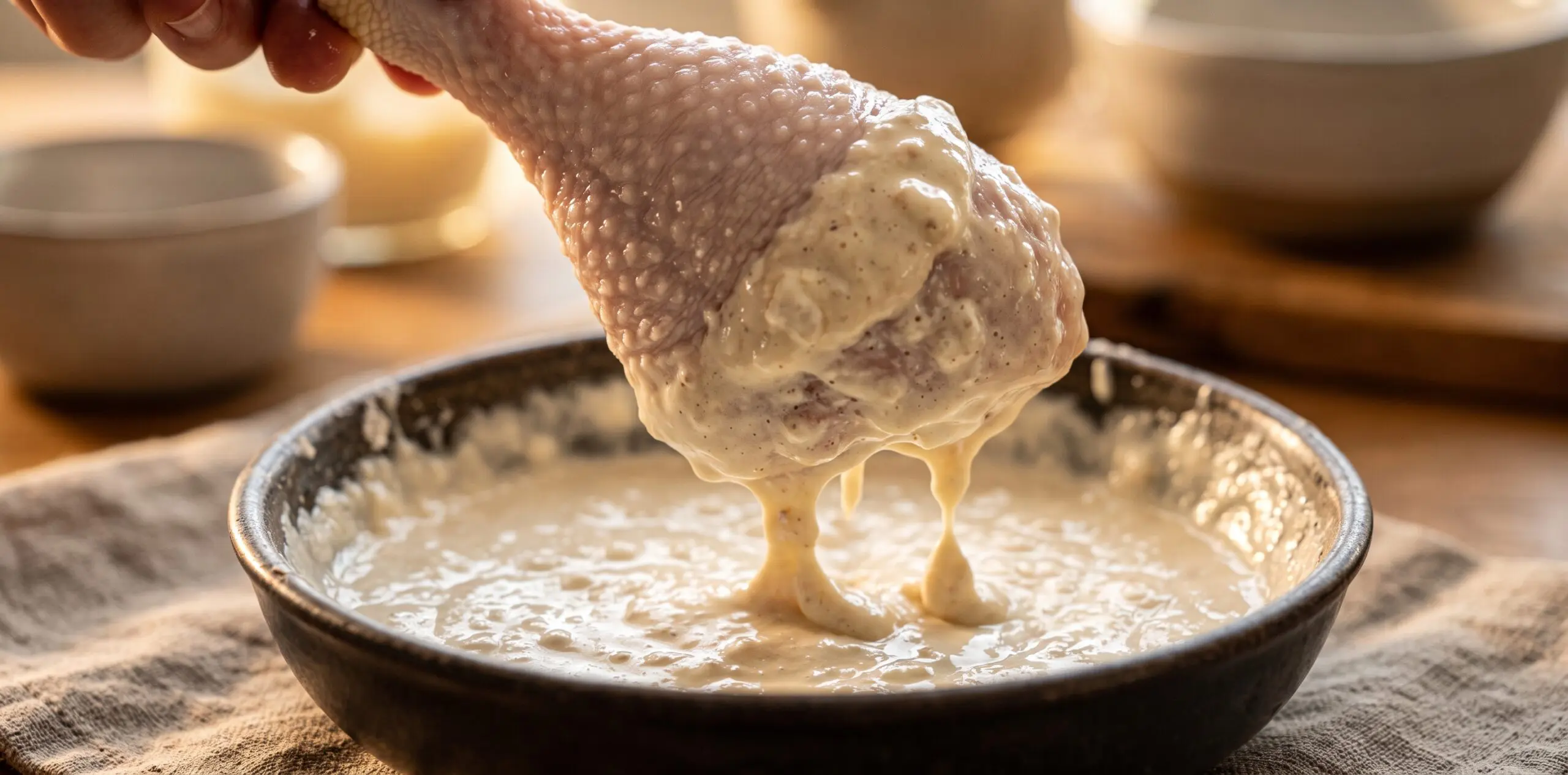 A raw chicken drumstick being submerged into thick buttermilk batter, the coating climbing the leg.