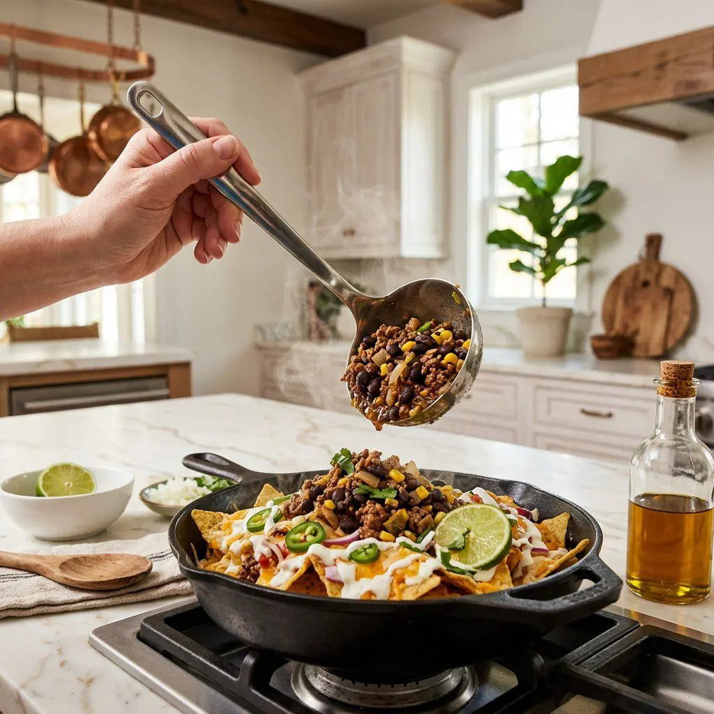 Home cook prepared steps for assembling and cooking Beef and Black Bean Nachos with Goat Cheese Sauce.