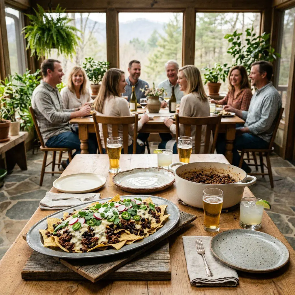 An appetizing, fresh serving of cooked Beef and Black Bean Nachos with Goat Cheese Sauce displayed beautifully on a styled dining table.