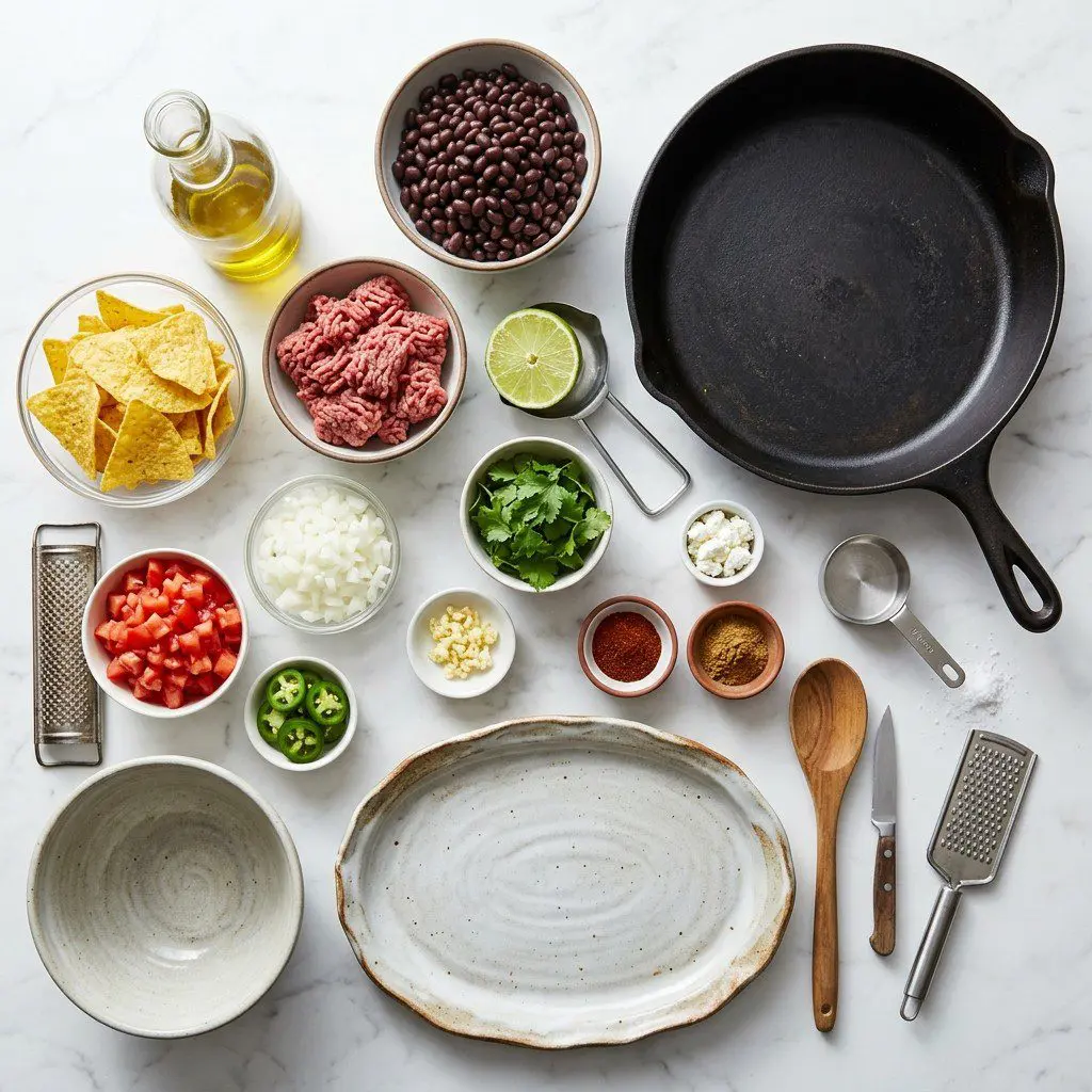 Raw cooking ingredients for Beef and Black Bean Nachos with Goat Cheese Sauce arranged beautifully on a clean kitchen counter.