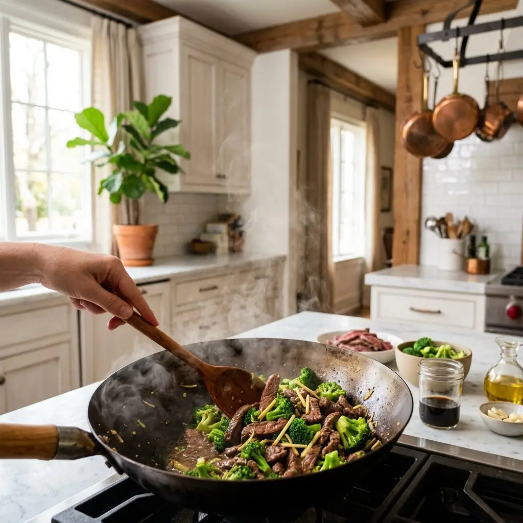 Home cook prepared steps for assembling and cooking Beef and Broccoli Noodle Bowl.
