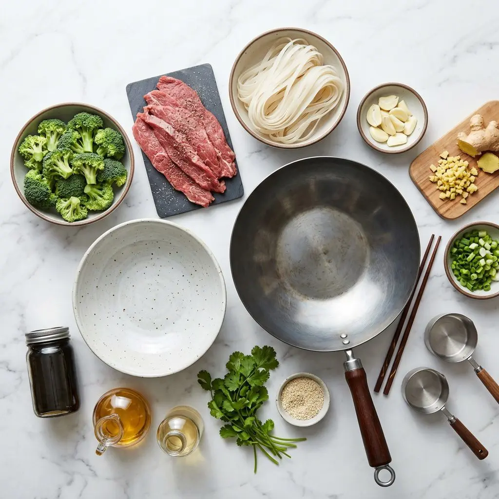 Raw cooking ingredients for Beef and Broccoli Noodle Bowl arranged beautifully on a clean kitchen counter.