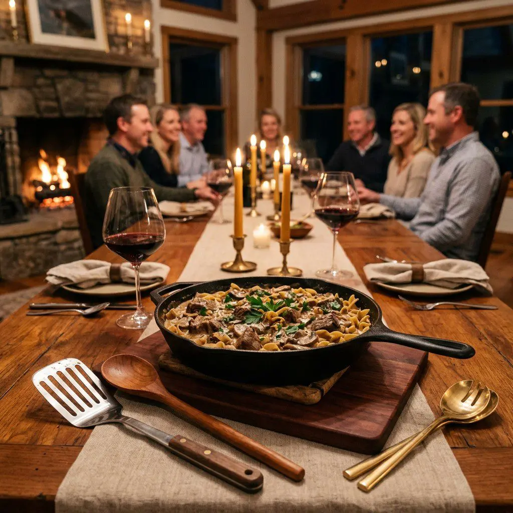 An appetizing, fresh serving of cooked Beef Brisket Stroganoff displayed beautifully on a styled dining table.
