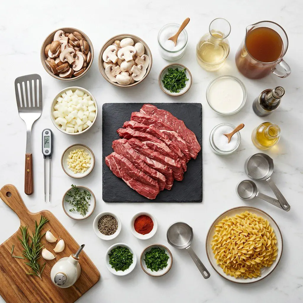 Raw cooking ingredients for Beef Brisket Stroganoff arranged beautifully on a clean kitchen counter.