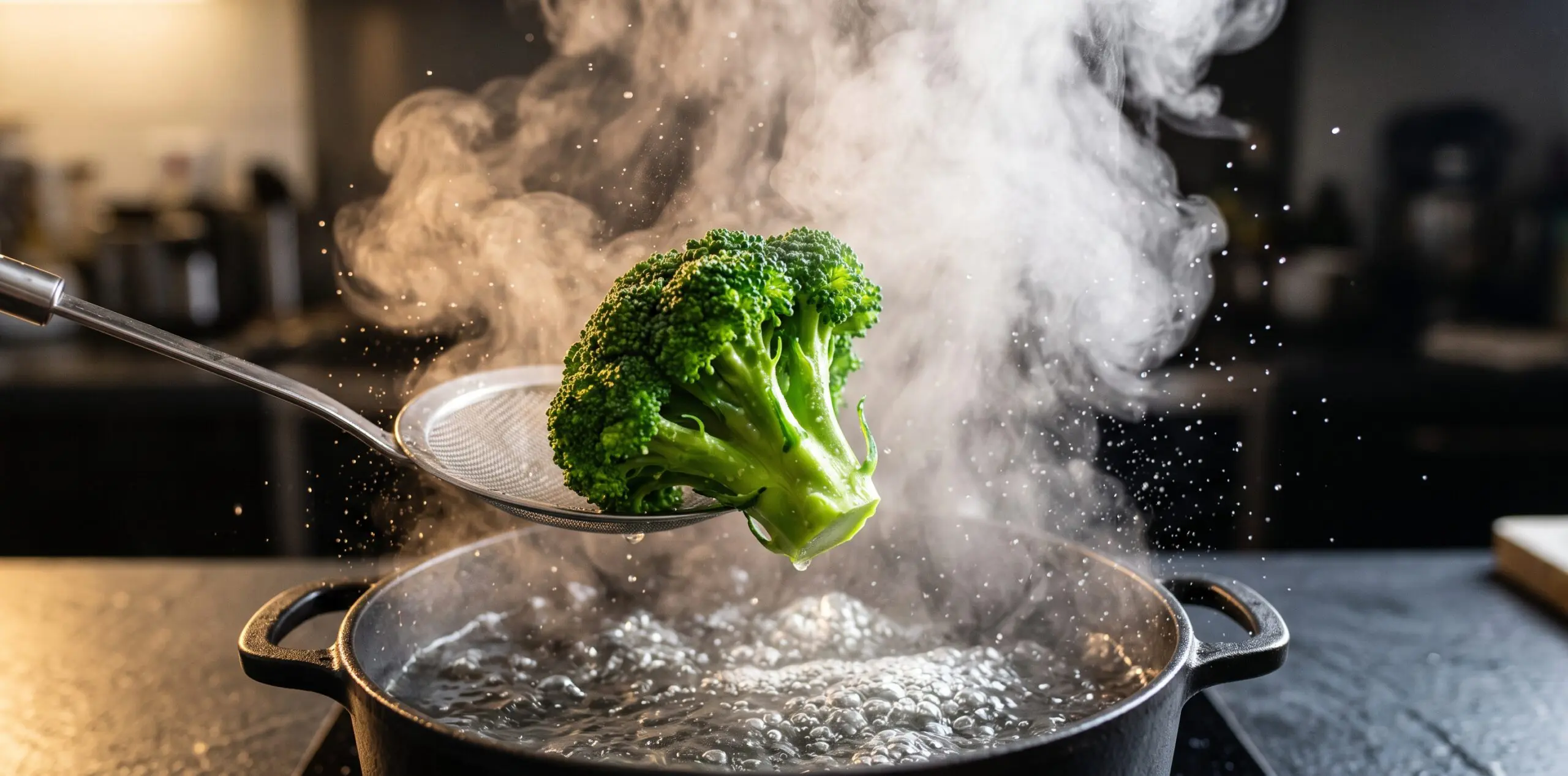 A vivid emerald broccoli floret being lifted from a rolling boil, steam billowing upward.
