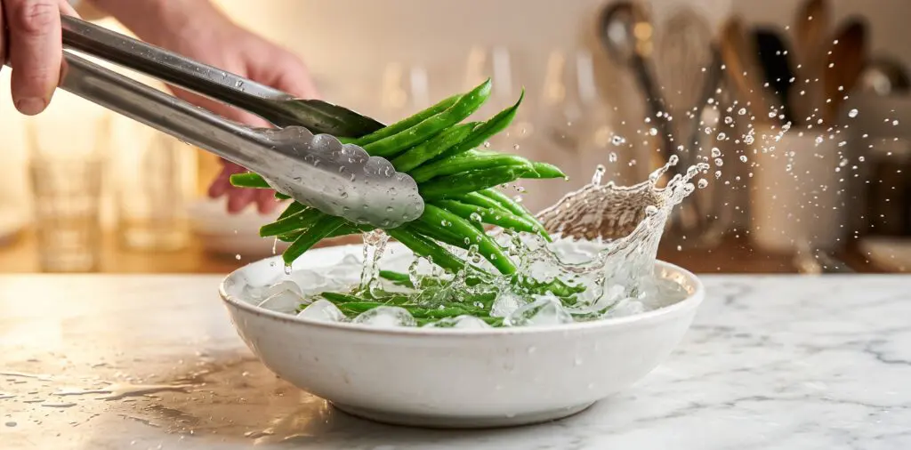 Bright haricots verts being dropped into a bowl of ice water, the water splashing upward in a freeze-frame.